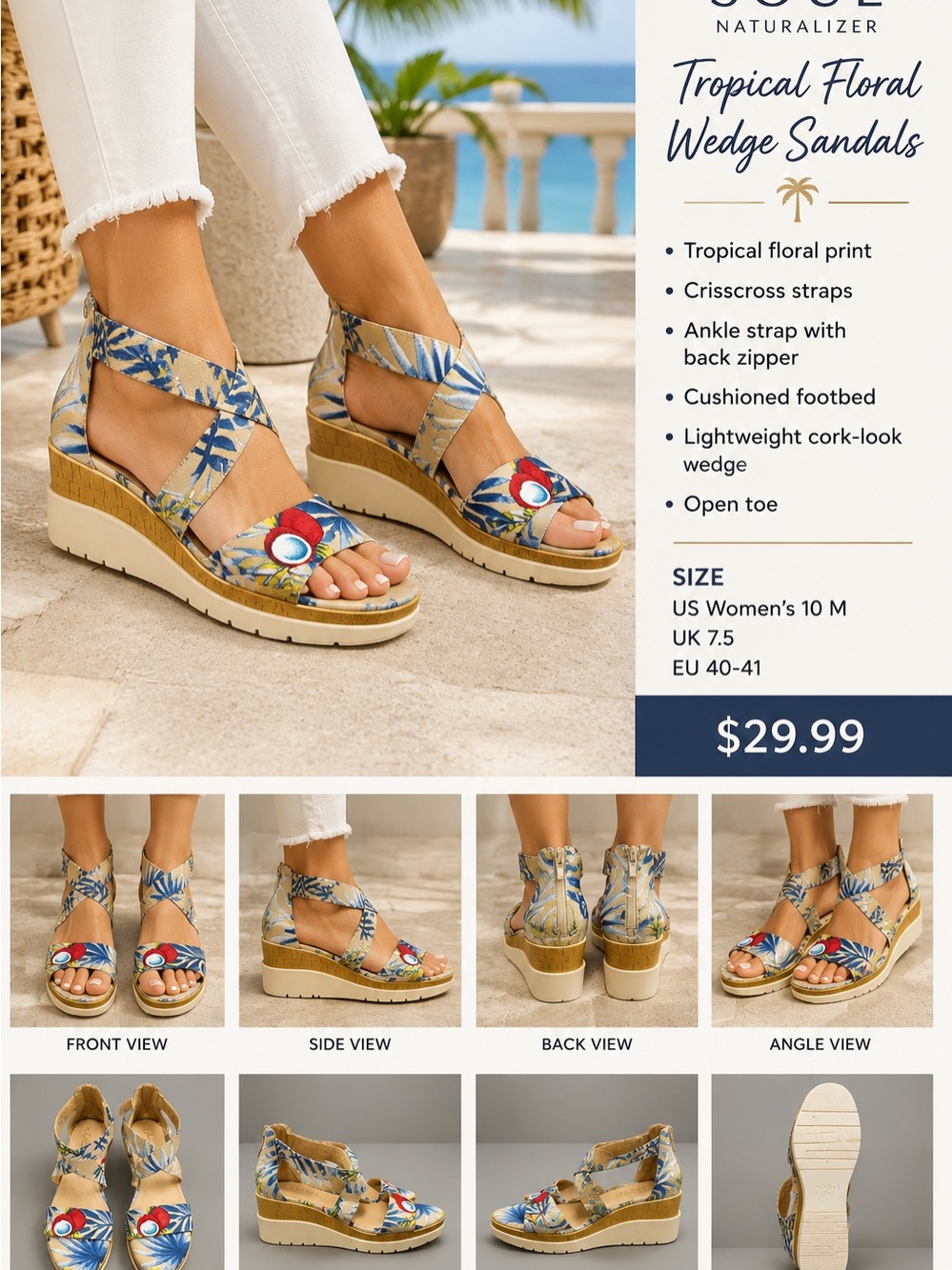 SOUL Naturalizer Floral Sandal 10 Blue Tropical Goodtimes Crisscross Sandals NEW